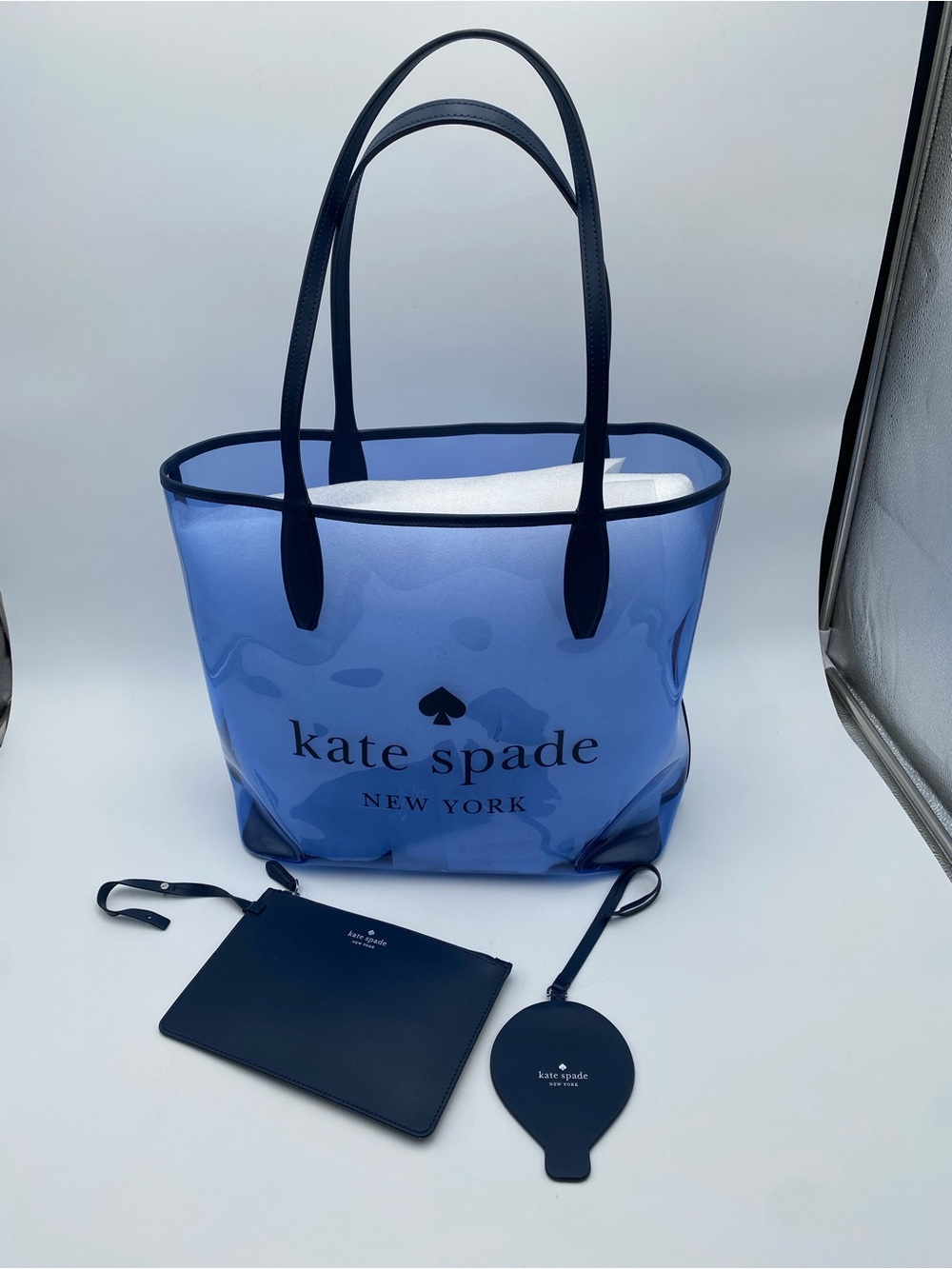 kate spade blue transparent tote with detachable pouch and tag